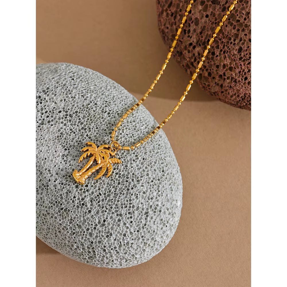 JINYOU 029 Summer Coconut Tree Necklace Pendant - 18K Gold Color PVD Plated Waterproof Fashion Jewelry for Beach Wear 2025