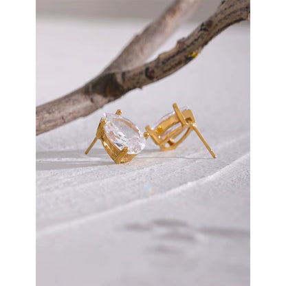 JINYOU 1061 Elegant Cubic Zirconia Water Drop Pendant Necklace and Stud Earrings Set, Waterproof Stainless Steel Chic Jewelry