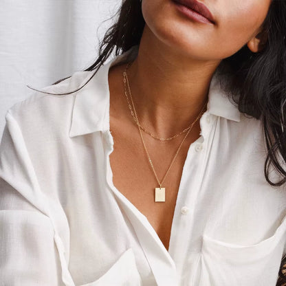 Stainless Steel and 14K Gold Layered Necklace Set with Long Metal Chain and Rectangular Pendant for Women